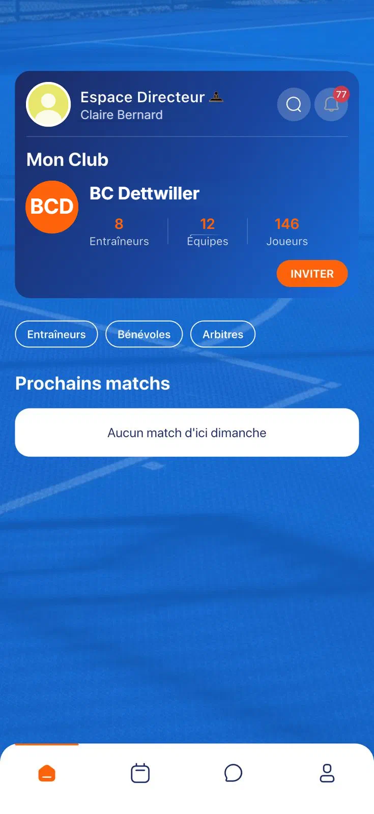 Accueil de l'espace directeur : club, entraîneurs, équipes et joueurs