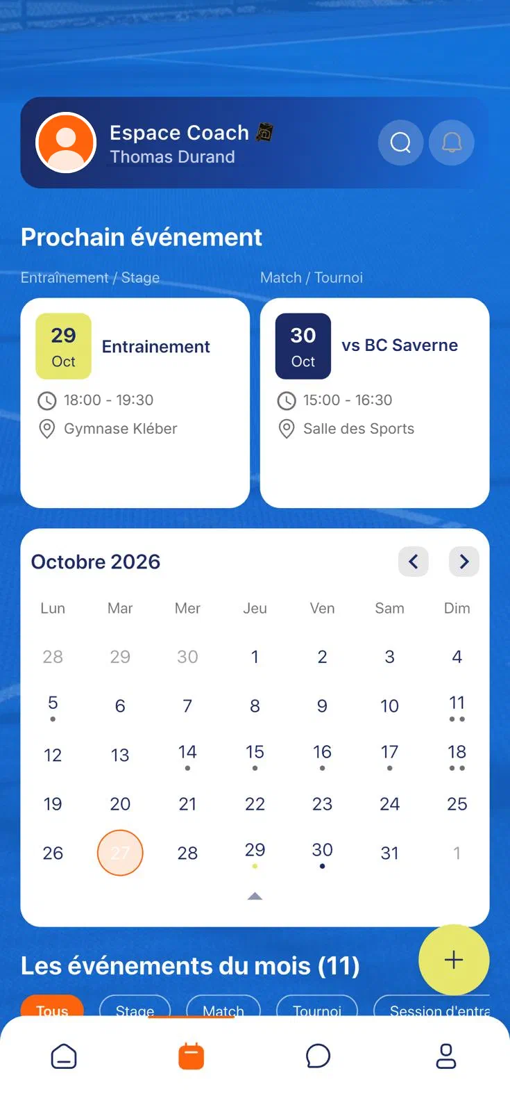 Calendrier de l'espace coach avec les événements du mois