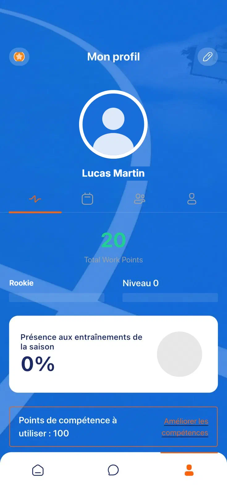 Profil joueur : points de travail, niveau et présence aux entraînements